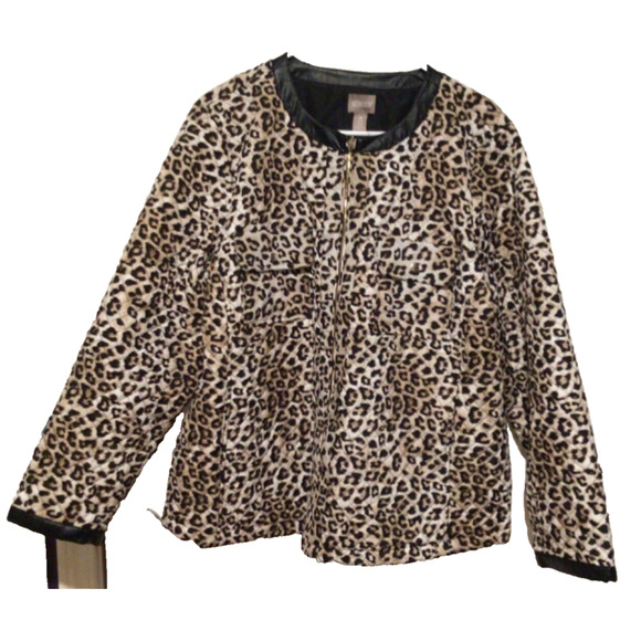 Chico’s Women’s Cheetah Print Jacket Faux Leather Trim Full Zip Size 3 XL - Picture 1 of 3